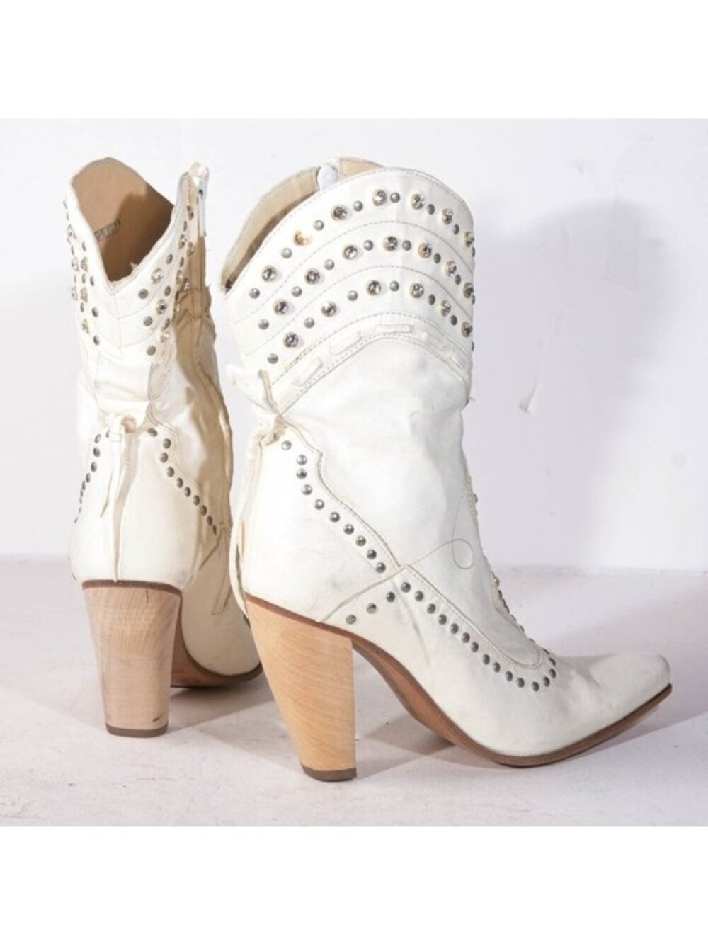 El Vaquero Valerio Giuntoli Rhinestone Western Ankle Boot Cream Italy Deadstock - Picture 2 of 7